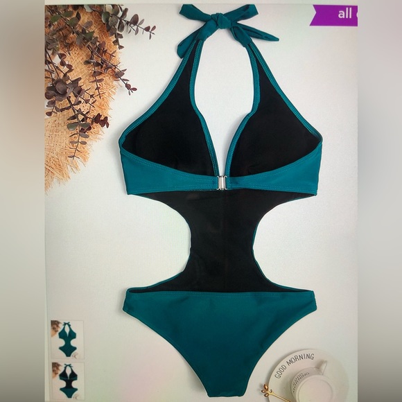 Deep GREEN Halter with Plunging V-Neck MONOKINI (New!) - Picture 2 of 4